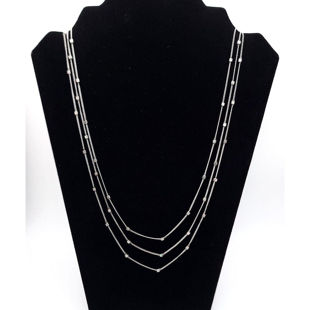 Silver Tone Triple Strand Station Necklace Cube Beads 23 Inch Layered Chain